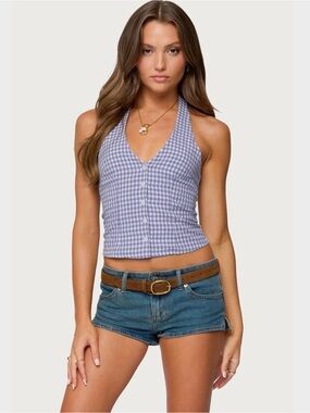 Edikted Evan Gingham Button Up Halter Top